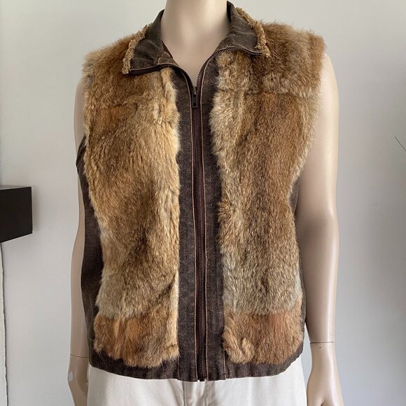 Spanner Rustic Brown Denim & Rabbit Fur Trim Vest SZ XL - Picture 3 of 12